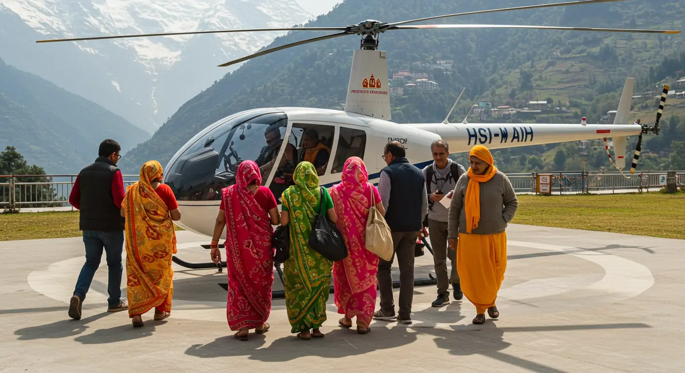 Sahastradhara Helipad in Dehradun, where a helicopter is seen parked on the helipad, ready for takeoff.
